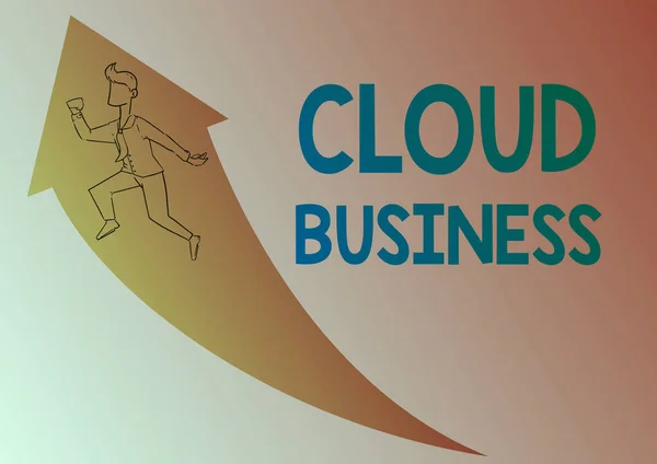 Podpis pokazujący Cloud Business. Koncepcja biznesowa Internetbased dostawy usług udostępnianych użytkownikom Ilustracja Happy Businessman Running Up With Arrow Got His Promotion. — Zdjęcie stockowe
