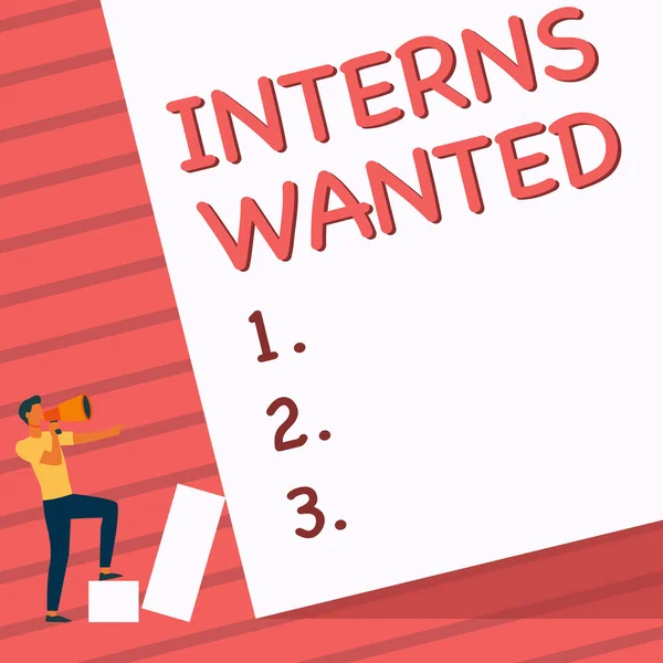 Text showing inspiration Interns Wanted. Word Written on Looking for on the job trainee Part time Working student Man Standing Drawing Holding Megaphone Pointing Blank Wall. — Stockfoto