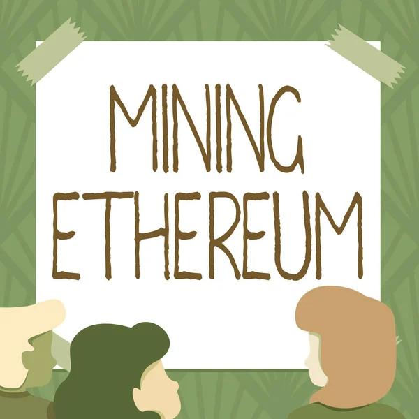 Conceptual caption Mining Ethereum. Word Written on the process of increasing the volume of Ether in circulation Team Members Looking At Whiteboard Brainstorming New Solutions — Fotografia de Stock