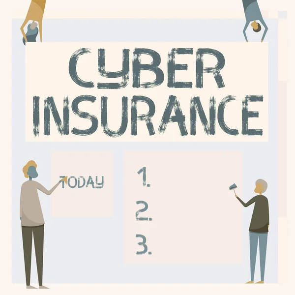 Hand writing sign Cyber Insurance. Conceptual photo exclusive plan to protect the company from Internetbased risk Four Colleagues Drawing Standing Holding Different Sized Blank Sheet. — Fotografia de Stock