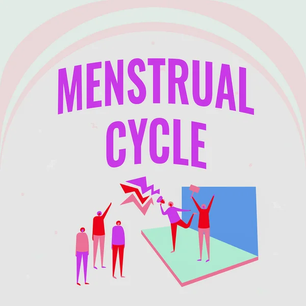 Inspiracja wykazująca oznaki cyklu menstruacyjnego. Biznes pomysł comiesięczny cykl zmian w jajnikach i macicy podszewka Ilustracja pary na scenie robi ogłoszenie do małego tłumu. — Zdjęcie stockowe