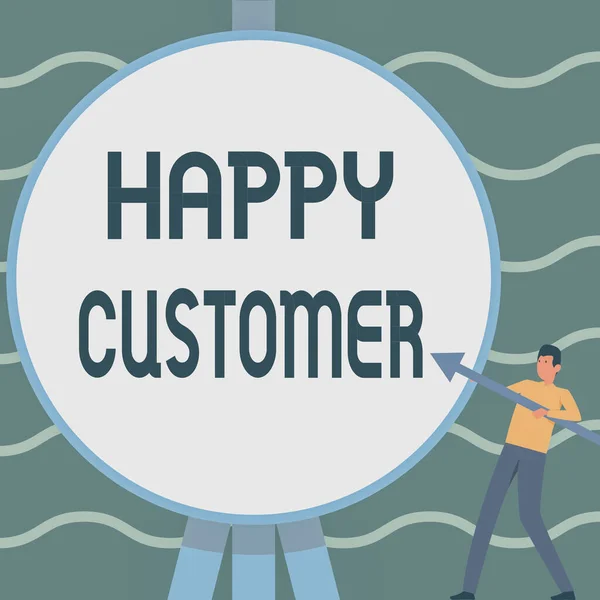 Text caption presenting Happy Customer. Business idea highest satisfaction rate with the commodity they bought Man Standing Holding Large Arrow Pointing To Big Circular Target. — Foto Stock