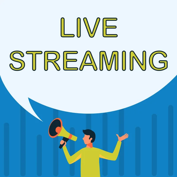 Handwriting text Live Streaming. Business approach Transmit live video coverage of an event over the Internet Man Drawing Holding Megaphone With Big Speech Bubble Showing Message. — стоковое фото