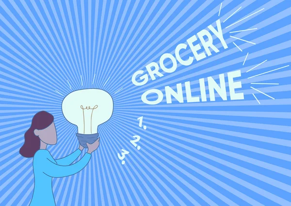 Textový nápis zobrazující online nákup. Business koncept digitální verze supermarketu přijetí on-line objednávání Lady Standing Drawing Holding Light Up Zobrazení nových nápadů. — Stock fotografie