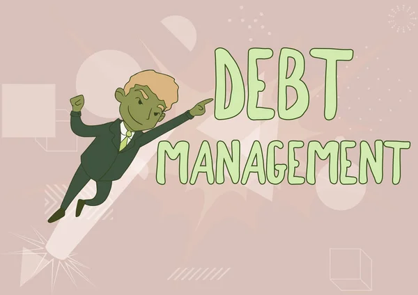 Teken het tonen van Debt Management. Business concept De formele overeenkomst tussen een debiteur en een crediteur Man Tekenen in Uniform Standing Pointing Upward Displaying Leadership. — Stockfoto
