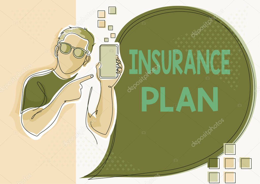 Conceptual display Insurance Plan. Word for includes the risk management that a worker is covered Line Drawing For Guy Holding Phone Presenting New Ideas With Speech Bubble.