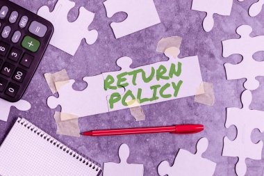 İade Politikasını sunan metin başlığı. İş Genel Bakış Vergisi Perakende İade Koşulları ve Satın Alma Koşulları Tamamlanmamış Bir Beyaz Yapboz Şablonu Eksik Parçalı Bulmaca
