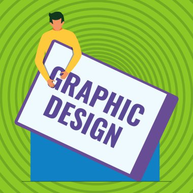 Grafik Tasarımı sunan metin başlığı. Reklamlarda metin ve resimleri birleştirme sanatı ya da becerisi Beyefendinin elinde kocaman boş bir pano çizmesi.