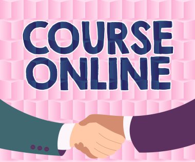 Metin başlığı Rota Çevrimiçi 'yi temsil ediyor. Eearning Electronic Education Uzaktan Çalışma Sayısal Sınıf İki Adam Kağıt Arkaplan Çiziyor El sıkışma Anlaşması Sunar