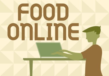 İnternetteki el yazısı Food. İşadamı Standing tarafından doğrudan sunulan bir web sitesinde kurulmuş çeşitli yiyecekler dizüstü bilgisayarla ahşap masanın üstüne yerleştirilmiş..