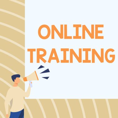 Çevrimiçi Eğitimi gösteren bir tabela. İş genel değerlendirmesi sadece internet işadamı çiziminde öğretilir ve ulaşılabilir. Megafonla konuşmak yeni duyuru yapmak..