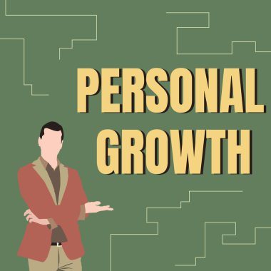 El yazısı metni Kişisel Büyüme. İş konsepti. Uzun vadeli bir süreç. Yeni Harika Fikirler sunan bir iş adamı ressamı kürkünün geliştirilmesini gösteriyor..