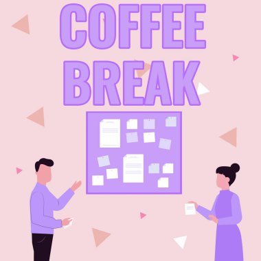 Kahve molasını gösteren metin başlığı. Herhangi bir çalışma yapmadan kahve içmek için ayrılan internet kavramı Tahtaya yapışmış Fikirleri Sunan Çiftler.