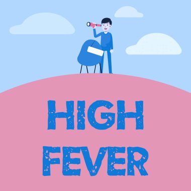 İlham veren yüksek ateşi gösteren bir mesaj. İş yaklaşım sağlık durumu. Vücut sıcaklığı normalden daha yüksek. İnsan Dürbünü Görselleştirme İşaret Bakış Fırsatları ile Ayakta Sandalye.