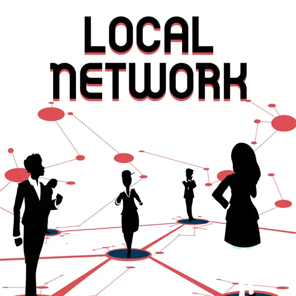 Hand writing sign Local Network. Internet Concept Intranet LAN Radio Waves DSL Boradband Switch Connection Several Team Members Standing Separate Thinking Connected Lines On Floor. — Foto Stock