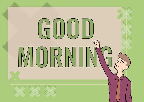 Text sign showing Good Morning. Concept meaning A conventional expression at meeting or parting in the morning Happy Man Illustration Standing Infront Board Raising Hands For Sucess. — стоковое фото