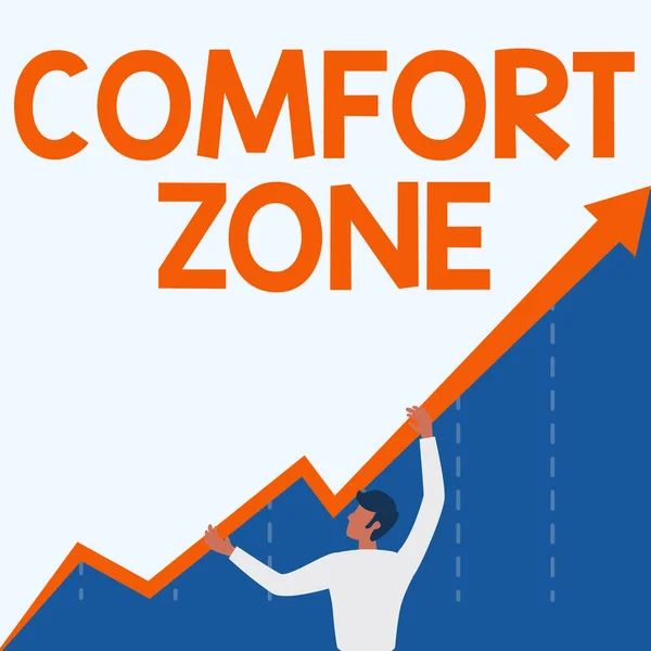 Señal de texto que muestra Comfort Zone. Concepto que significa Una situación en la que uno se siente seguro o a gusto tiene Control Man Drawing Holding Graph Arrow Showing Business Growth. — Foto de Stock