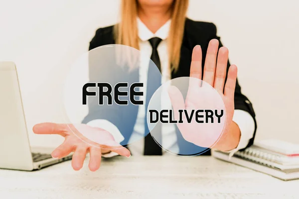 Inspiration showing sign Free Delivery. Business concept Shipping Package Cargo Courier Distribution Center Fragile Explaining Company Problem, Abstract Providing Dispute Solutions — Foto Stock