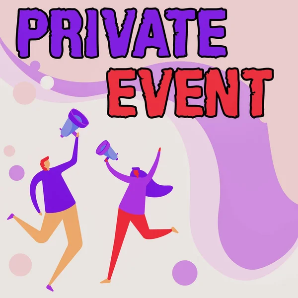 Conceptual display Private Event. Concept meaning Exclusive Reservations RSVP Invitational Seated Illustration Of Partners Jumping Around Sharing Thoughts Through Megaphone. — стоковое фото