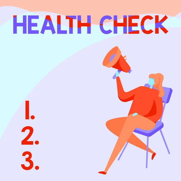 Bildunterschrift: Gesundheitscheck. Word for Medical Examination Wellness and General State Inspection Frau mit einem Megafon auf einem Stuhl sitzend mit überkreuzten Beinen. — Stockfoto