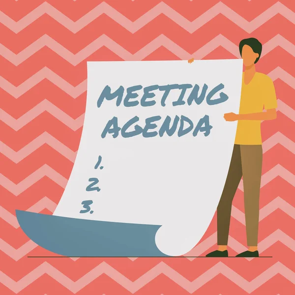 Sign displaying Meeting Agenda. Business concept An agenda sets clear expectations for what needs to a meeting Man Standing Holding Large Blank Paper Showing New Meaning And Message. — Fotografia de Stock