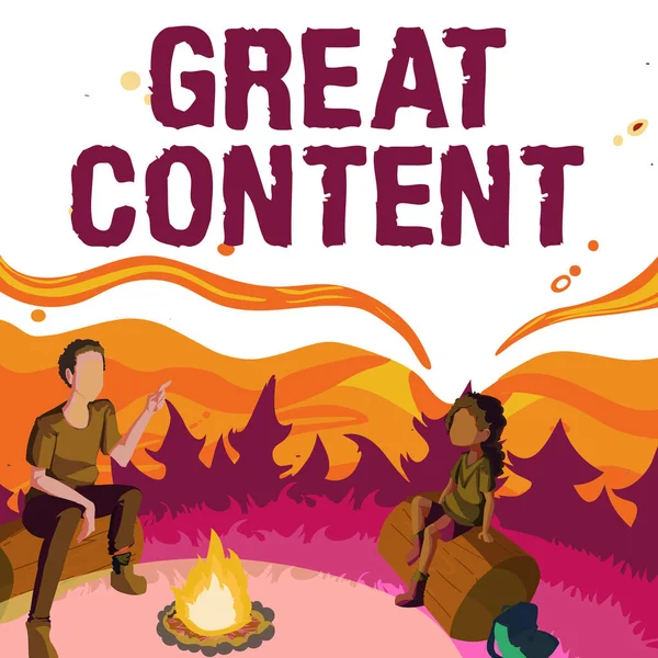 Conceptual caption Great Content. Business overview Satisfaction Motivational Readable Applicable Originality Father And Daughter Sitting Next To Campfire Enjoying Camping At The Park - Stock-foto