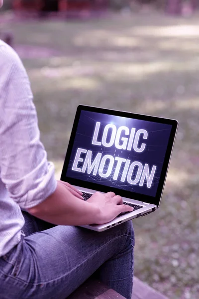 Text showing inspiration Logic Emotion. Word Written on Unpleasant Feelings turned to Self Respect Reasonable Mind Woman Typing On Laptop Sitting Outside Side View Working From Home. — Stock Photo, Image