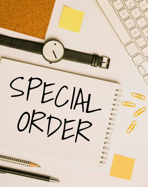 Conceptual display Special Order. Business approach Specific Item Requested a Routine Memo by Military Headquarters Flashy School Office Supplies, Teaching Learning Collections, Writing Tools, — 图库照片