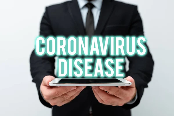 Текстовый знак, показывающий коронавирусную болезнь. Слово, написанное на определении болезни, вызванной новым вирусом SARSCoV2, представляющим новые технологии Идеи обсуждения технологического улучшения — стоковое фото