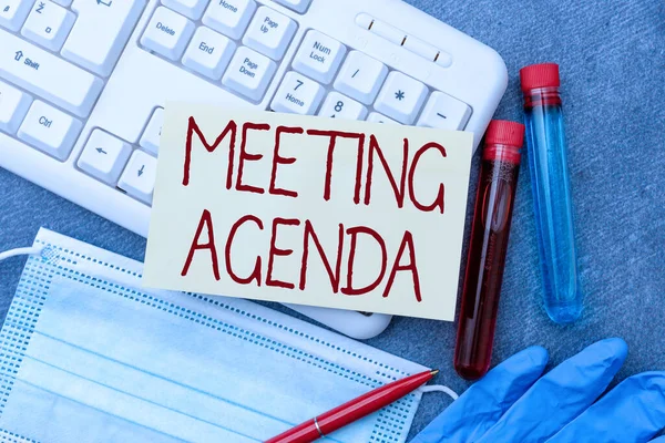 Conceptual display Meeting Agenda. Word for An agenda sets clear expectations for what needs to a meeting Typing Medical Notes Scientific Studies And Treatment Plans — Fotografia de Stock
