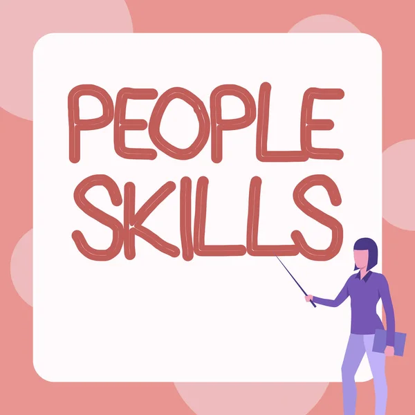 Teken met People Skills. Internet Concept Get Along goed Effectieve communicatie Rapport benaderbare dame staande Holding Notebook terwijl Pointing Stick in blanco whiteboard. — Stockfoto