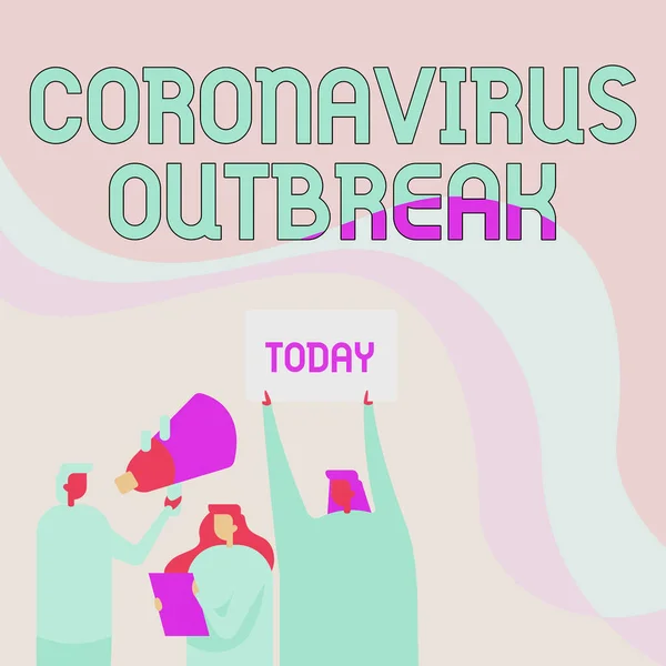 Légende textuelle présentant l'éclosion de coronavirus. Internet Concept maladie infectieuse causée par des activistes COVID19 nouvellement découverts tenant leurs mégaphones et leurs plaques faisant une annonce. — Photo