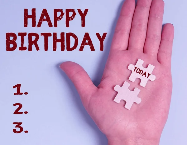 Writing displaying text Happy Birthday. Internet Concept The birth anniversary of a person is celebrated with presents Building An Unfinished White Jigsaw Pattern Puzzle With Missing Last Piece — Stock Photo, Image