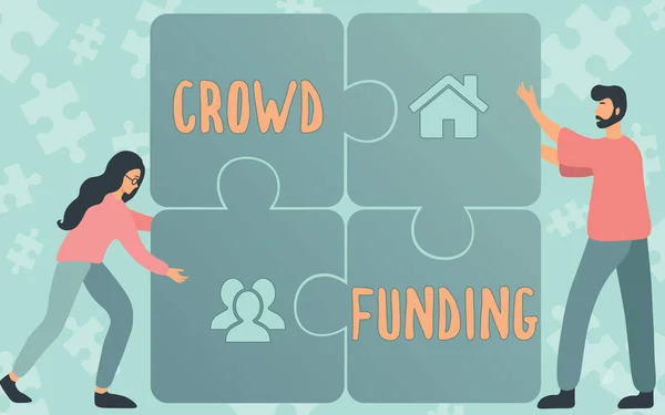 Texto que presenta Crowd Funding. Palabra escrita en Fundraising Kickstarter Startup Pledge Plataforma Donaciones Colegas Dibujo Montaje de cuatro piezas de rompecabezas juntos Trabajo en equipo. — Foto de Stock