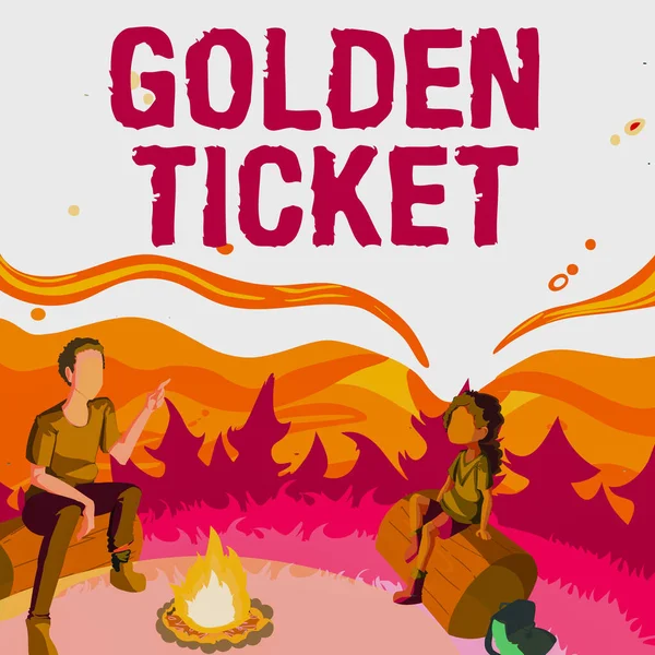 Exibição conceitual Golden Ticket. Abordagem de negócios Rain Check Access Passaporte VIP Box Office Seat Event Pai e filha sentados ao lado da fogueira Acampar no parque — Fotografia de Stock