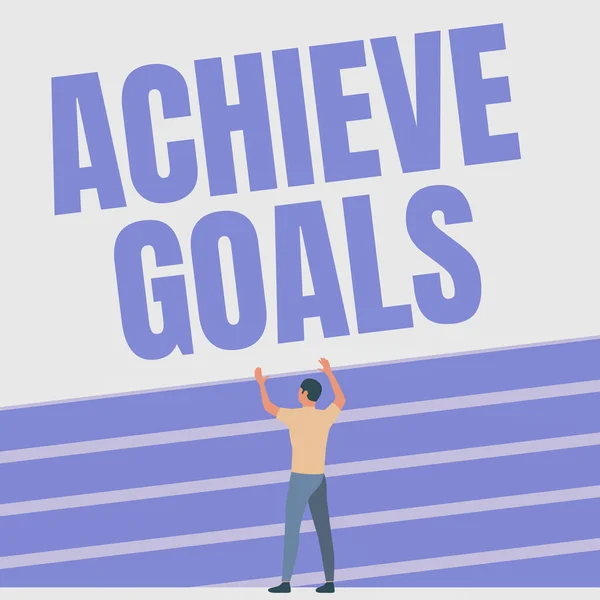 Text caption presenting Achieve Goals. Business approach Results oriented Reach Target Effective Planning Succeed Athletic Man Standing On Track Field Raising Both Hand Showing Celebration. — 图库照片