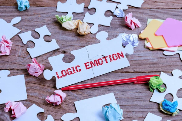 Handwriting text Logic Emotion. Business approach Unpleasant Feelings turned to Self Respect Reasonable Mind Building An Unfinished White Jigsaw Pattern Puzzle With Missing Last Piece — Stock Photo, Image