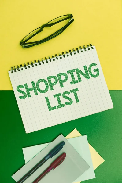 Conceptual display Shopping List. Business approach Discipline approach to shopping Basic Items to Buy Flashy School Office Supplies, Teaching Learning Collections, Writing Tools, — Stockfoto