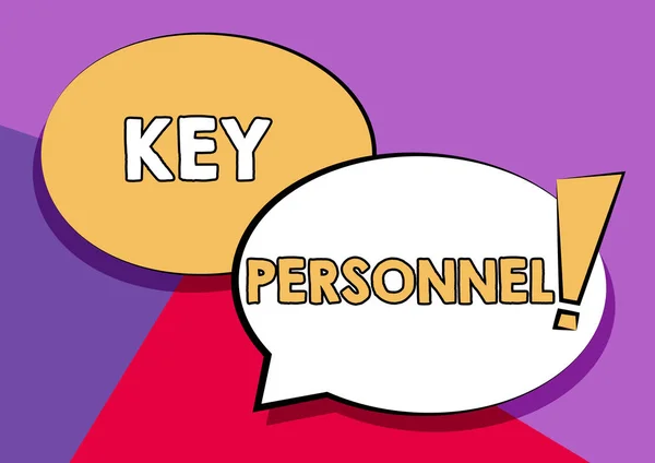 Writing displaying text Key Personnel. Business approach Program Directors Principal Investigator Project Executives Two Colorful Overlapping Speech Bubble Drawing With Exclamation Mark. — Stockfoto