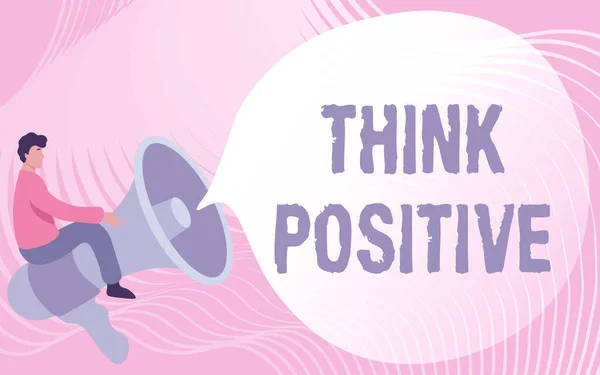 Inspiración mostrando signo Think Positive. Palabra para La tendencia a ser positivo u optimista en actitud Caballero Dibujo Cabalgando Megáfono Grande Mostrando Discurso Burbuja. — Foto de Stock