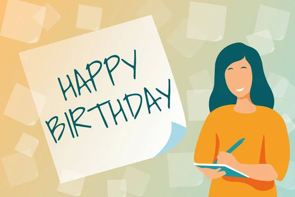 Schriftzug Happy Birthday. Der Geburtstag einer Person wird mit Geschenken gefeiert. Neue Studentenbücher eintippen, Online-Ebook erstellen und veröffentlichen — Stockfoto
