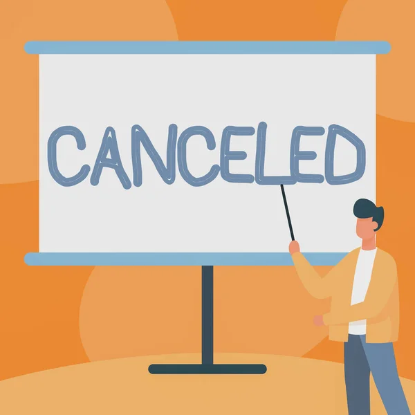 Conceptual display Canceled. Business showcase to decide not to conduct or perform something planned or expected Teacher In Jacket Drawing Standing Pointing Stick At Whiteboard. — Stockfoto