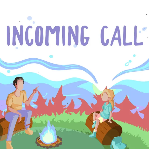 Text showing inspiration Incoming Call. Conceptual photo Inbound Received Caller ID Telephone Voicemail Vidcall Father And Daughter Sitting Next To Campfire Enjoying Camping At The Park — Fotografia de Stock