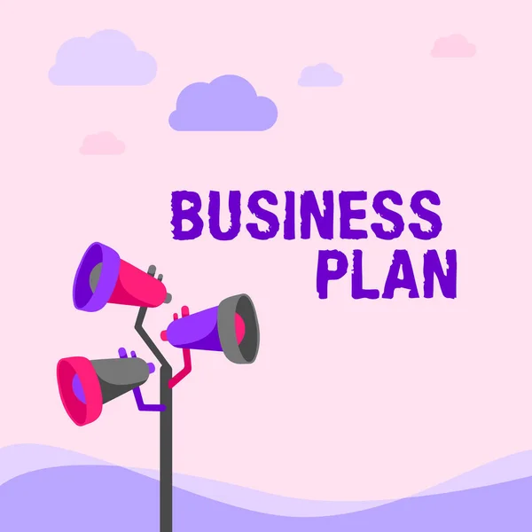 Handwriting text Business Plan. Internet Concept Structural Strategy Goals and Objectives Financial Projections Pole Megaphones Drawing Making Announcement To An Open Space. — Foto Stock