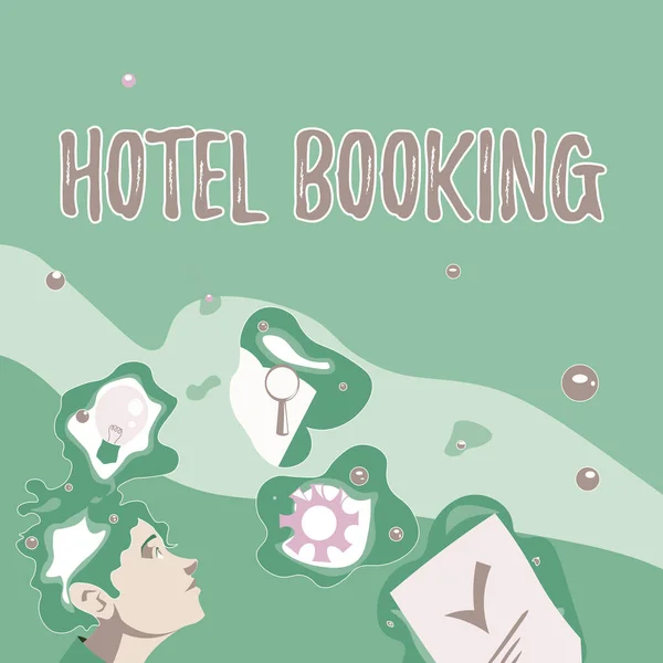 Conceptual caption Hotel Booking. Palavra para reservas online Suíte presidencial De Luxe Hospitality Ilustração de um homem de pé chegando com novas ideias surpreendentes — Fotografia de Stock