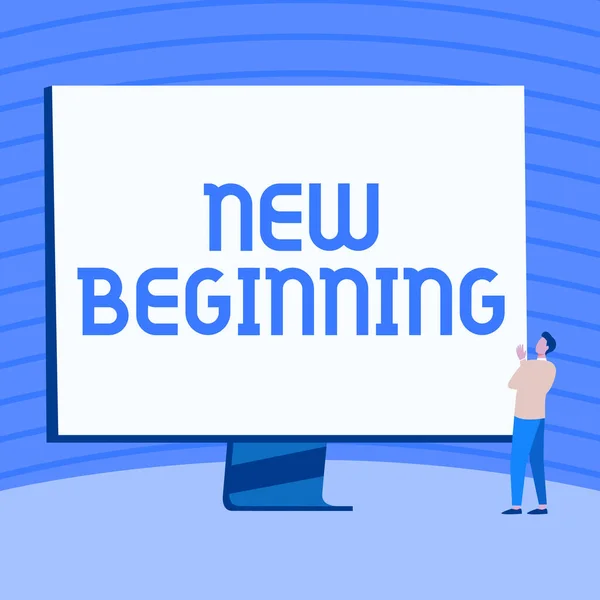Conceptual display New Beginning. Word for Different Career or endeavor Starting again Startup Renew Man Standing Drawing Looking At Large Monitor Display Showing News. — 图库照片
