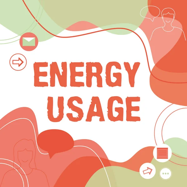 Hand writing sign Energy Usage. Conceptual photo Amount of energy consumed or used in a process or system Illustration Couple Speaking In Chat Cloud Exchanging Messages. — Fotografia de Stock