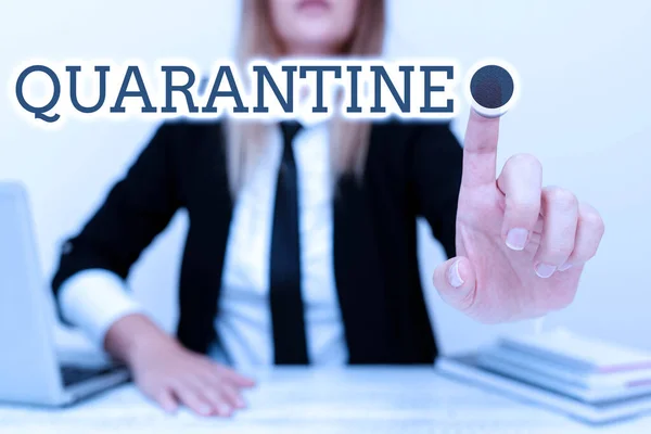 Text caption presenting Quarantine. Business overview restraint upon the activities of person or the transport of goods Instructor Teaching Different Skills, Teacher Explaining New Methods — Foto Stock