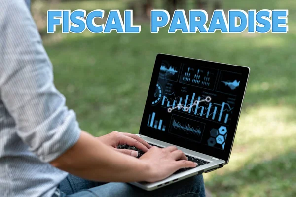 Text showing inspiration Fiscal Paradise. Business overview The waste of public money is a great concern topic Woman Sitting With Latop Alone In The Park Accomplishing Remote Jobs. — Stockfoto