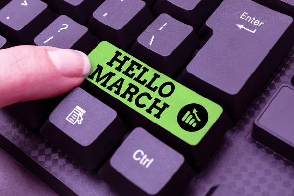 Fogalmi felirat Hello March. Conceptual photo a greeting expression used when welcoming the month of March Abstract Gathering Investigation Clues Online, Presenting Internet Ideas — Stock Fotó